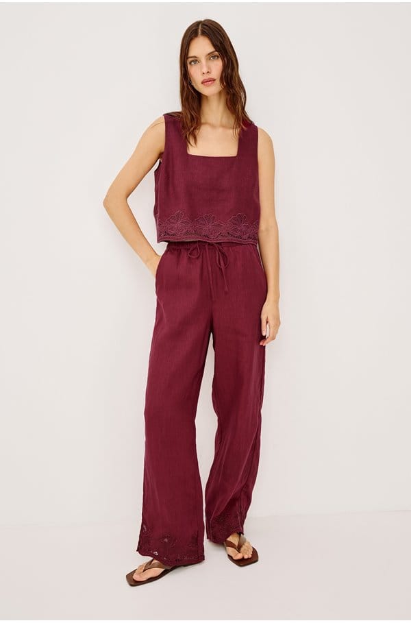 emmie trouser in berry hibiscus embroidery