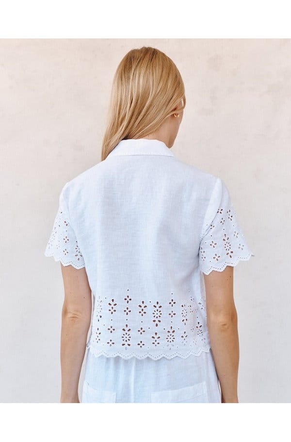embroidered short sleeve button down in white