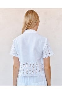 embroidered short sleeve button down in white