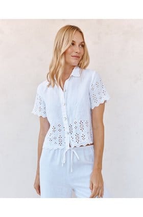 Embroidered Short Sleeve Button Down in White
