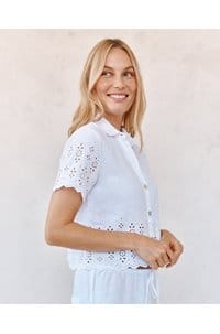 embroidered short sleeve button down in white