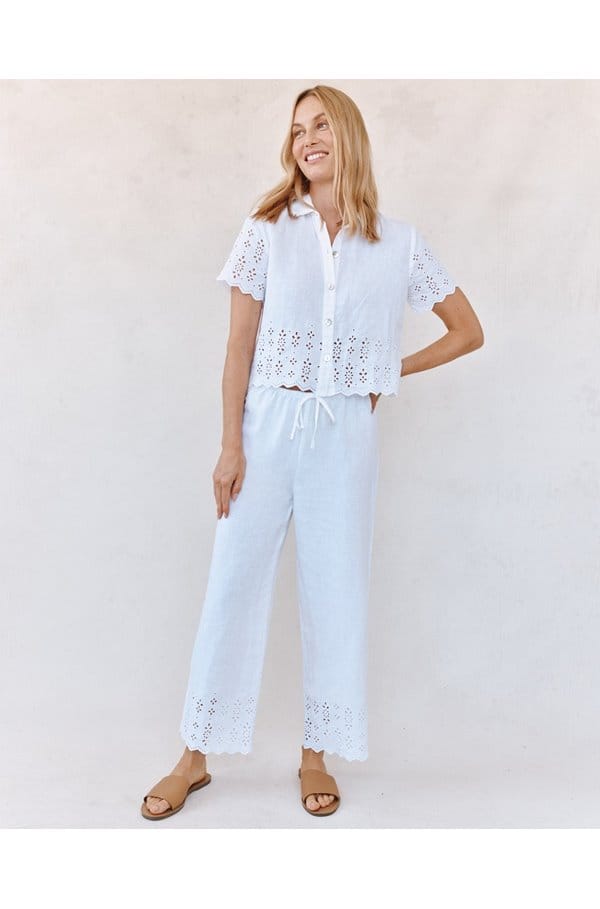 embroidered short sleeve button down in white