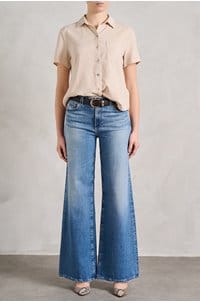 short sleeve pocket button down in linen sand