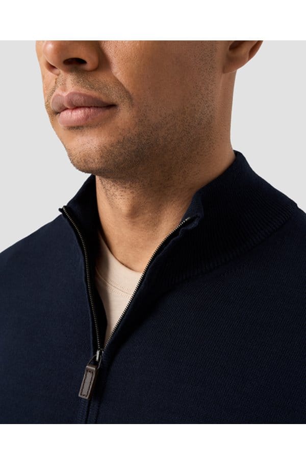 cotton full zip knit cardigan in navy blue