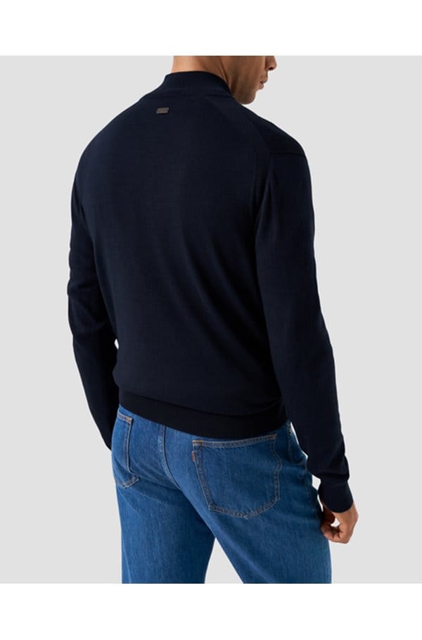 cotton full zip knit cardigan in navy blue