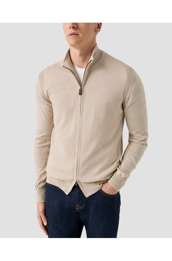 cotton full zip knit cardigan in beige