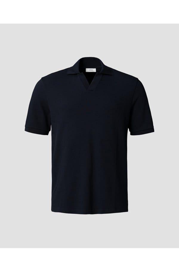 waffle open collar polo in navy blue