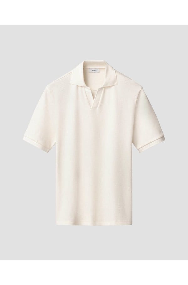 waffle open collar polo in off white