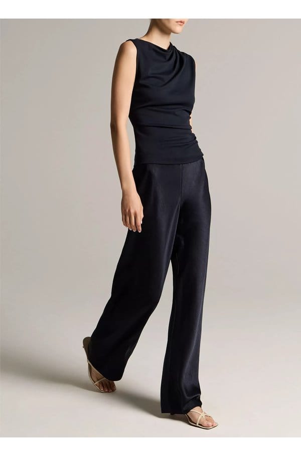 high waisted fluid satin bias pant in coastal