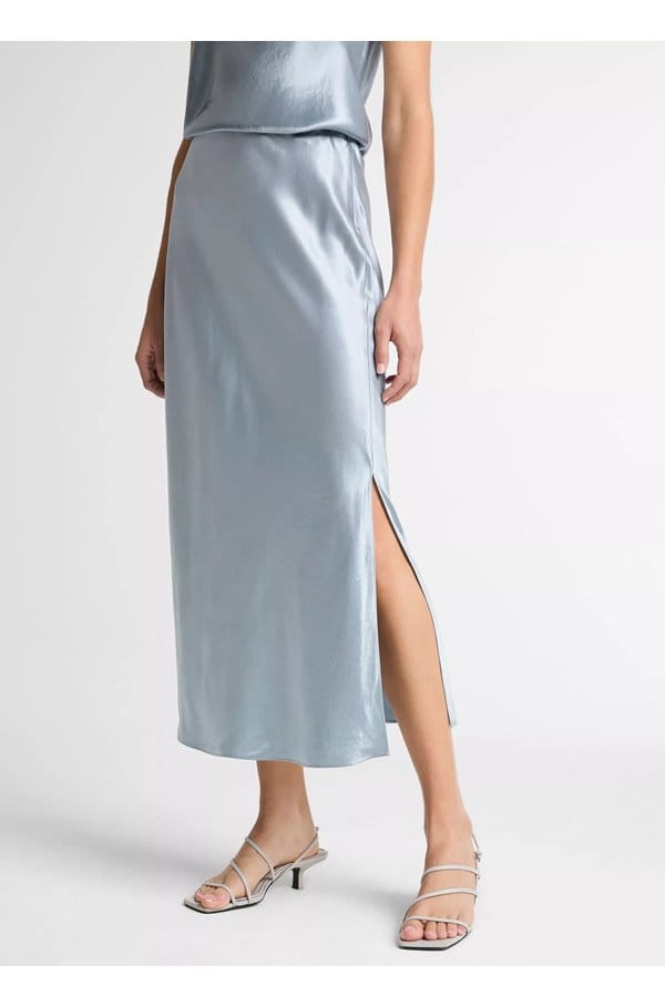 satin side slit slip skirt in light lagoon