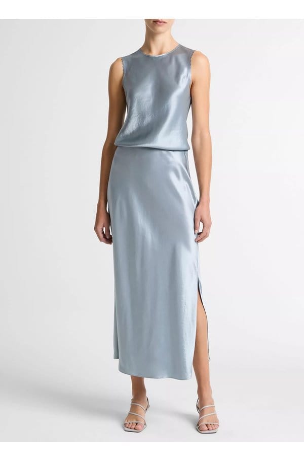 satin side slit slip skirt in light lagoon