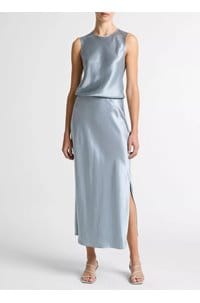 satin side slit slip skirt in light lagoon