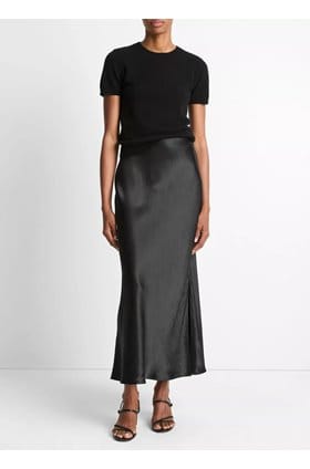 Satin Side Slit Slip Skirt in Black