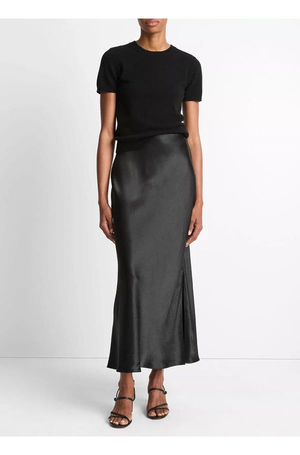 satin side slit slip skirt in black