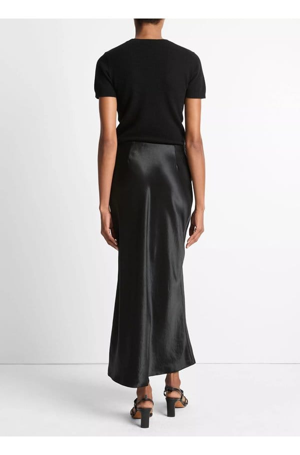 satin side slit slip skirt in black