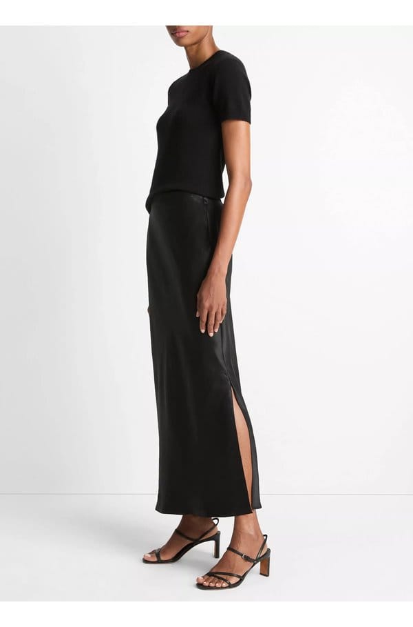 satin side slit slip skirt in black
