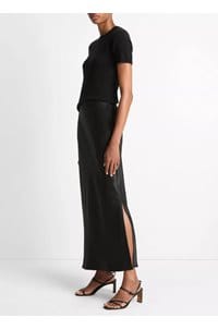 satin side slit slip skirt in black