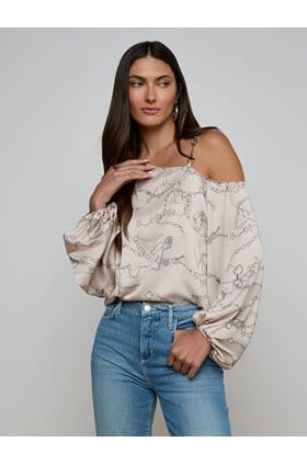 Asami Chain One Shoulder Blouse in Soft Macadamia