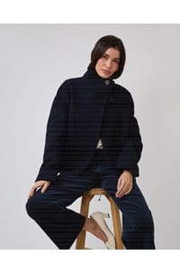 cropped funnel neck in navy boucle