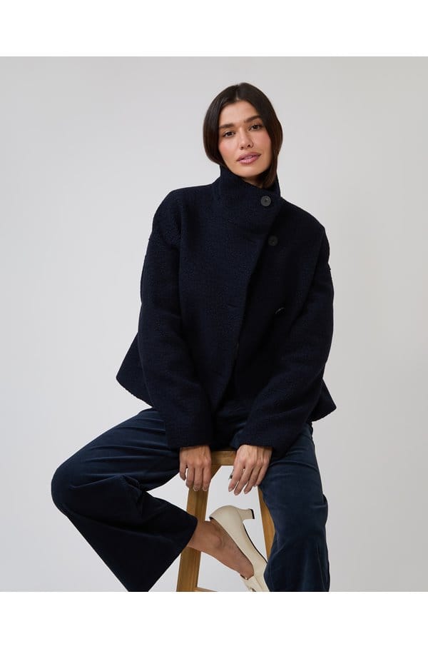 cropped funnel neck in navy boucle