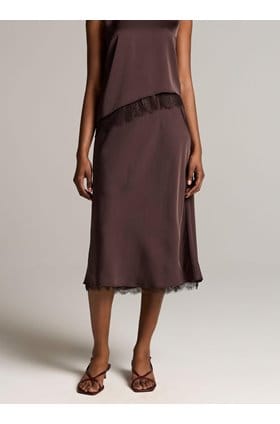 Lace Pull On Satin Slip Skirt in Iron
