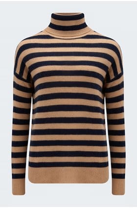 striped lightweight roll neck in camel and navy 