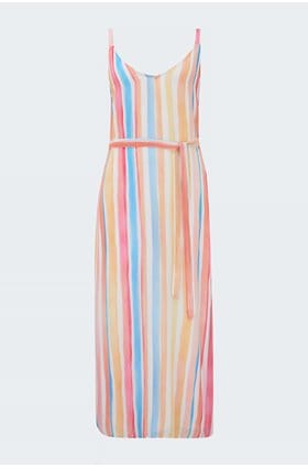 sleeveless belted slip dress in scala stripe