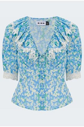 rihanna v-neck blouse in blue tropical floral