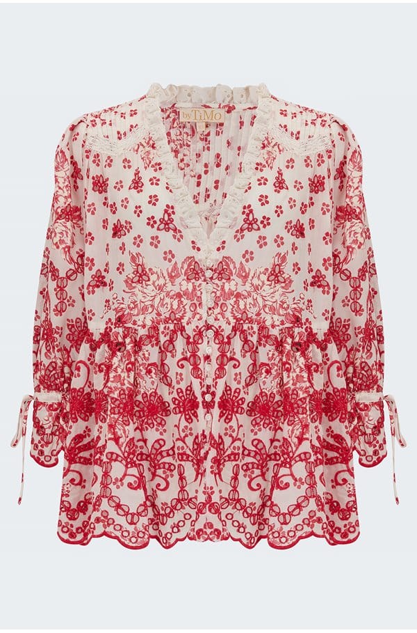 broderie anglaise flared blouse in red flowers
