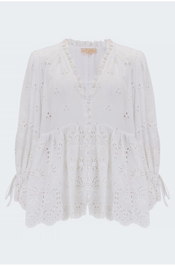 broderie anglaise flared blouse in white