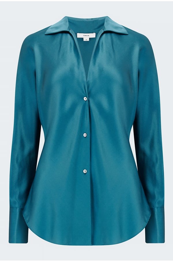 silk bias long sleeve blouse in blue waltz