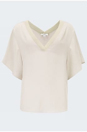 rib trim double v neck short sleeve popover in pale fawn