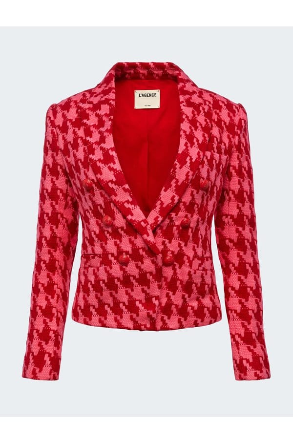 brooke crop blazer in pink red houndstooth