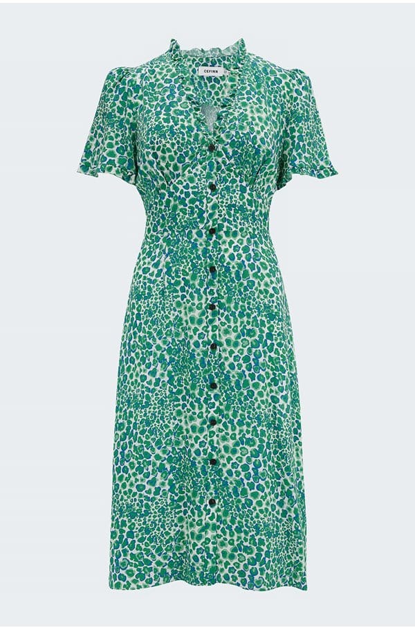 tabby dress in green leopard pansy print