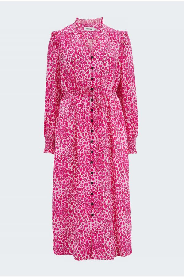 stella dress in pink leopard pansy print