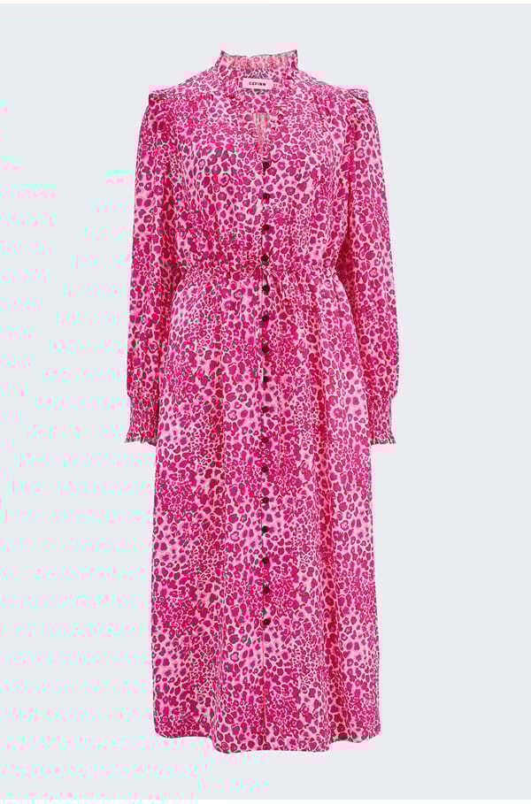 stella dress in pink leopard pansy print