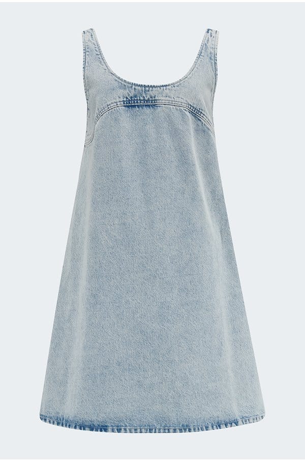 micro flare denim dress in getaway