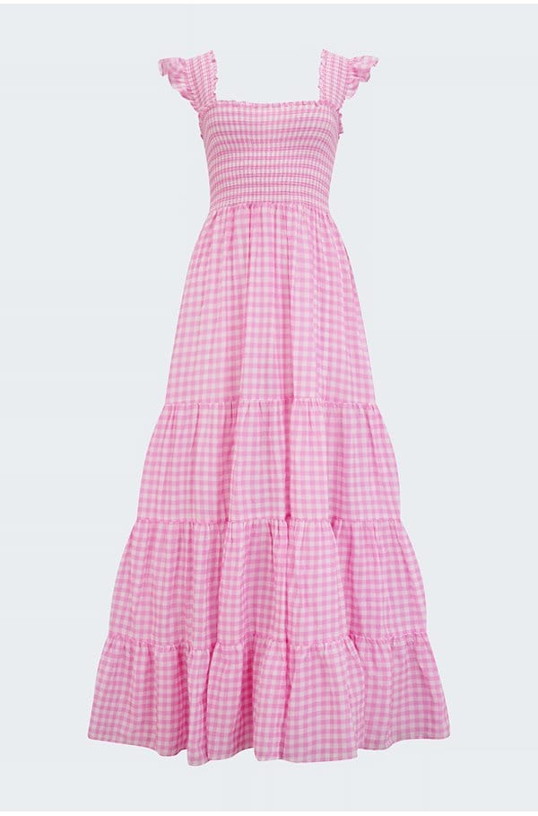 kendall shirred midi dress in lilac gingham