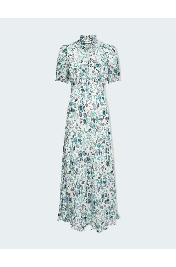 irina dress in white green large floral print