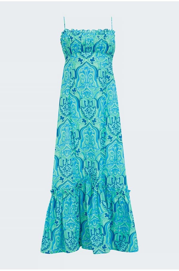sorcha dress in woodblock green