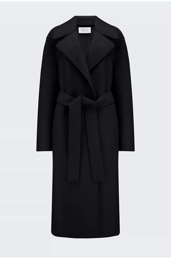 belted long double breasted coat in black