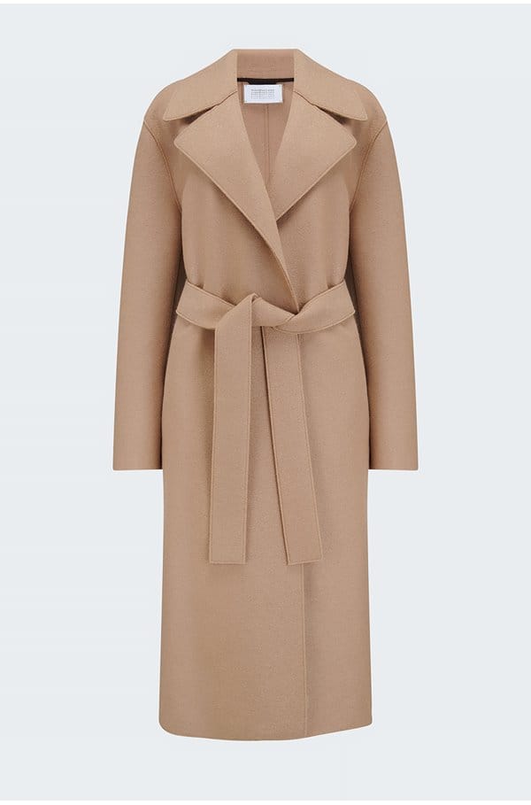 belted long double breasted coat in tan
