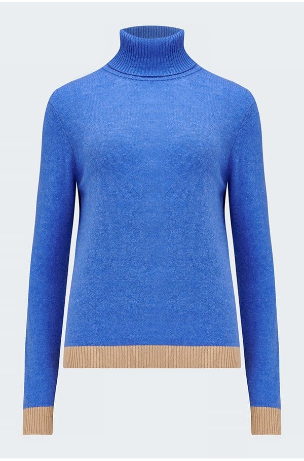 contrast roll collar in periwinkle camel