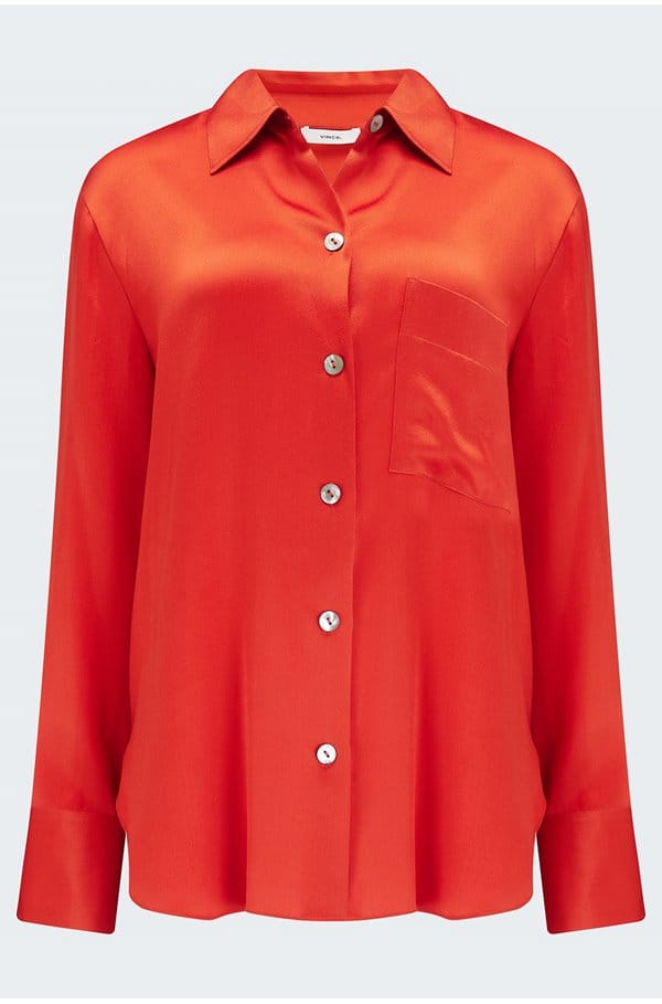 relaxed long sleeve chest pocket blouse in vermillion
