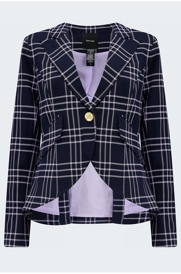 one button blazer in navy lilac
