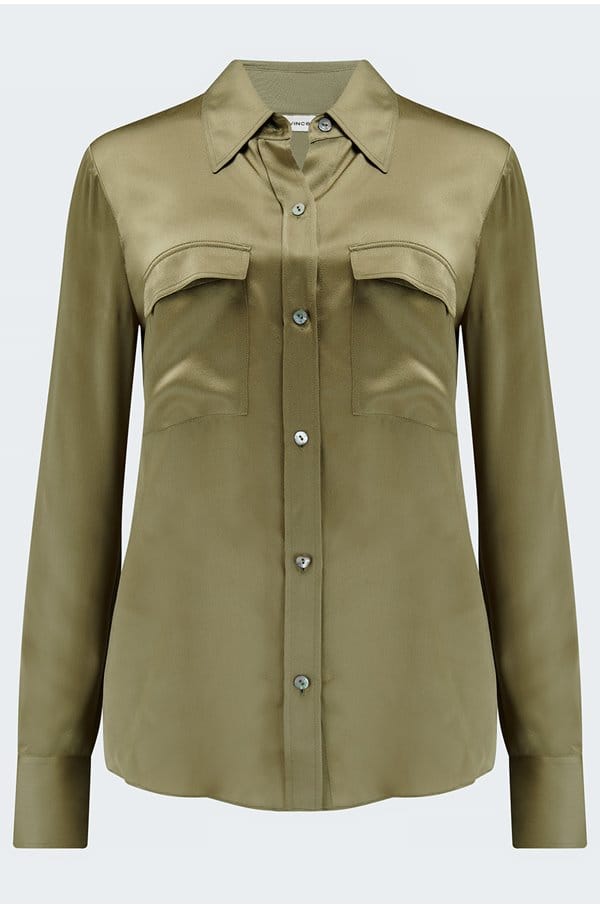 long sleeve chest pocket blouse in artichoke