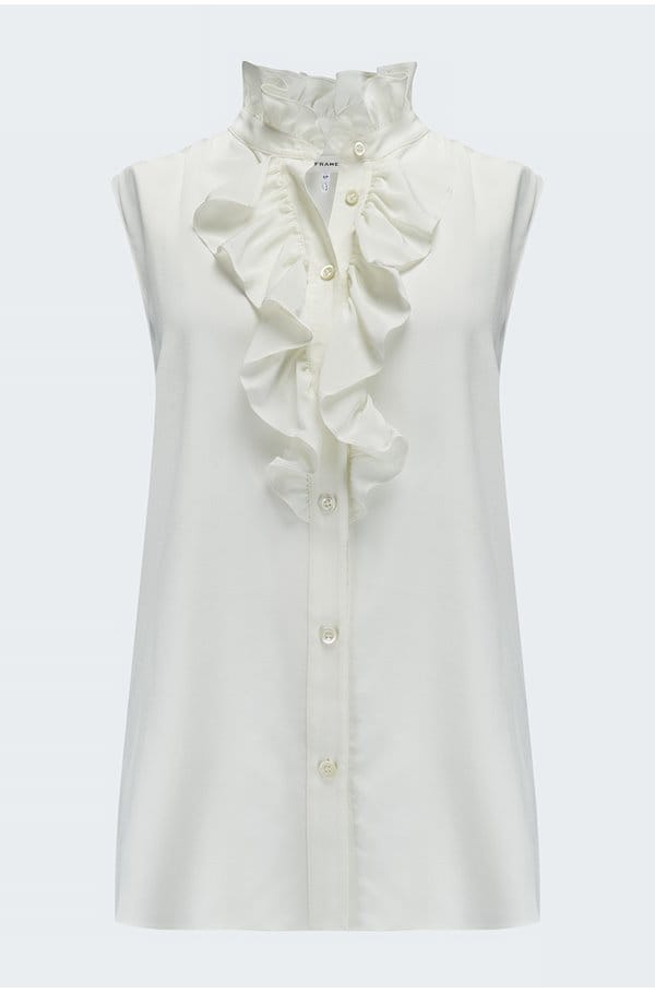 sleeveless ruffle front blouse in cream