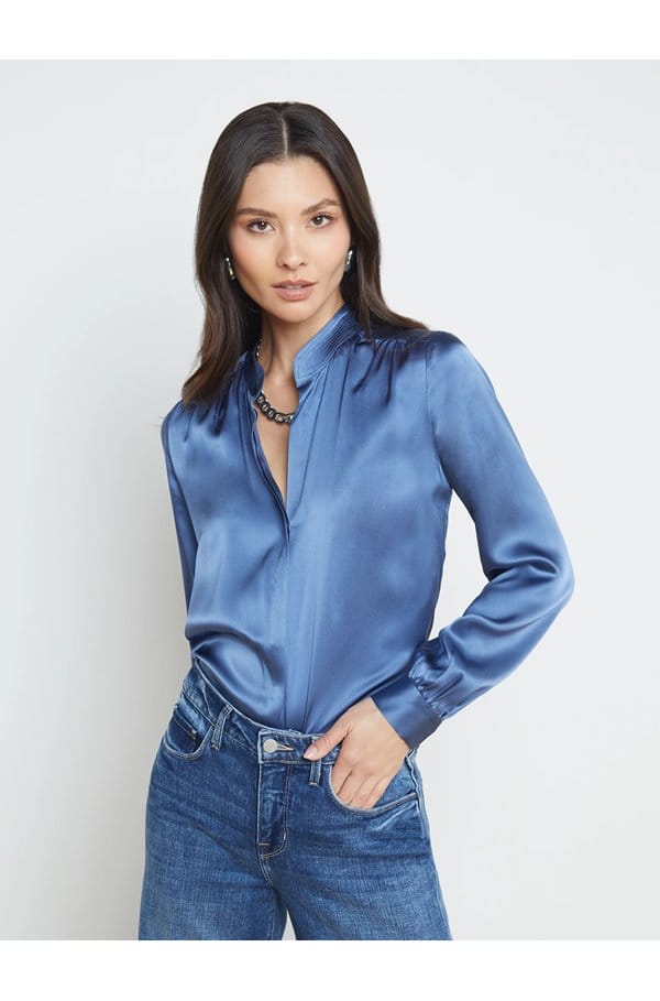 bianca band collar blouse in blue horizon