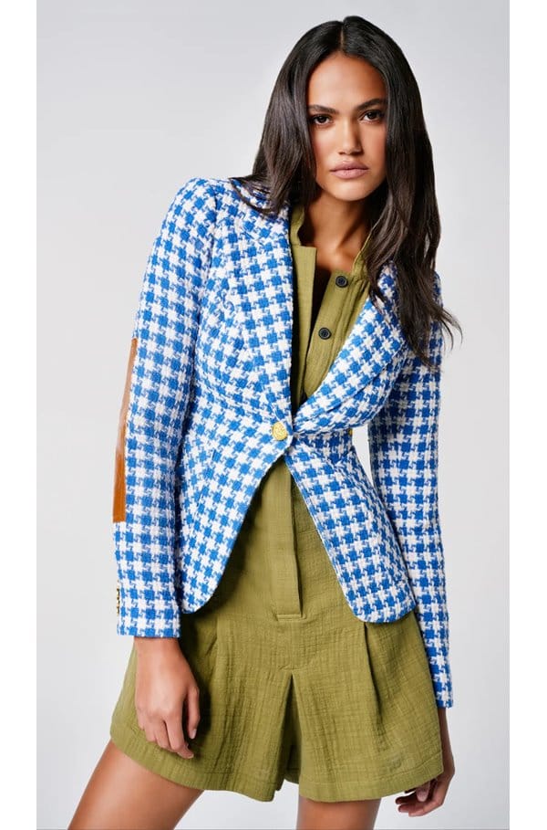 patch pocket duchess blazer in azure houndstooth