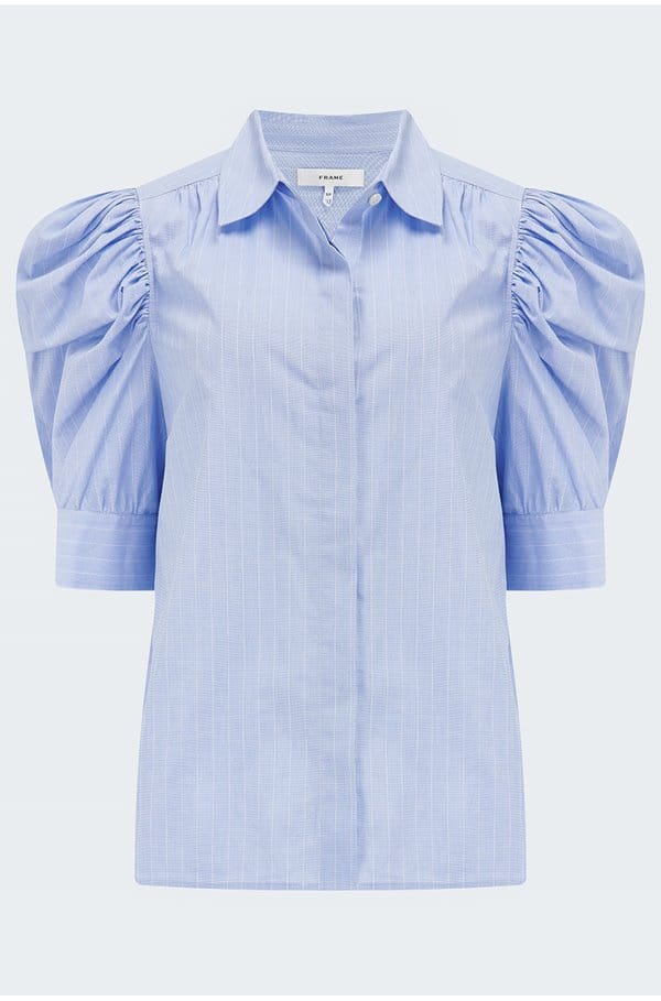 ruched puff sleeve shirt in chambray blue